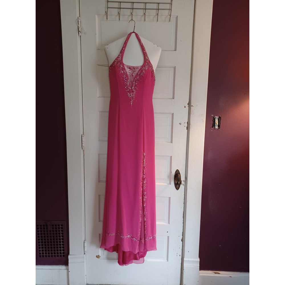 MY Fashion Raspberry Full Length Formal Prom Evening Dress Train Beaded Sequins
